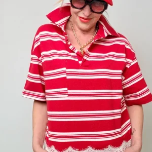 Polo Oversize Rossa a Righe con Bordo Pizzo